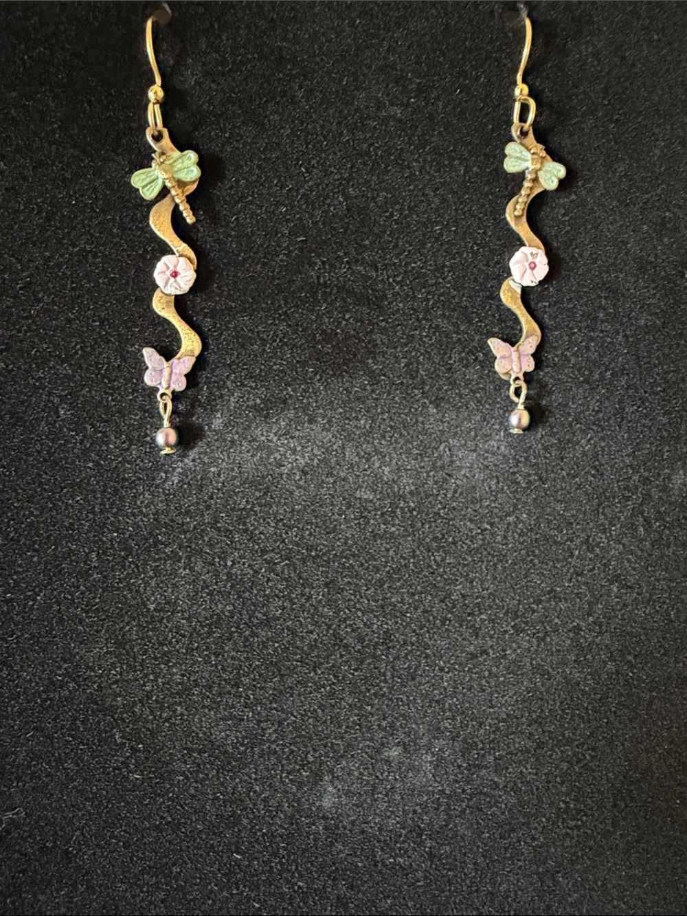 Gold-tone Dragonfly & Butterfly Drop Earrings in Pastel Green and Pink